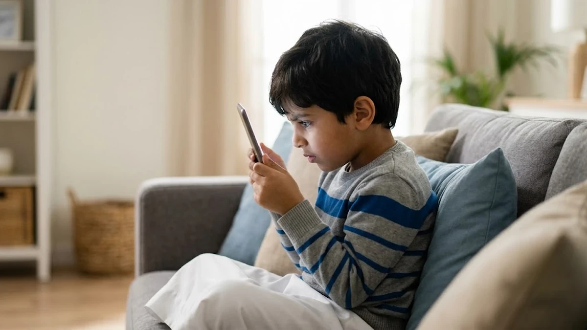 نظارة طبية مخصصة للأطفال موضوعة بجانب كتاب مفتوح على طاولة عيادة عيون نظيفة ومهيأة للفحص