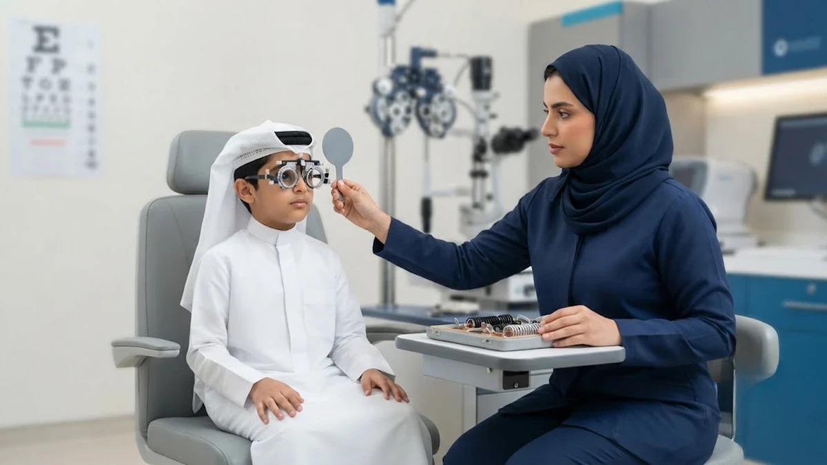 مجموعة من النظارات الطبية الملونة للأطفال معروضة بشكل أنيق في عيادة بصرية حديثة لتصحيح عيوب النظر.