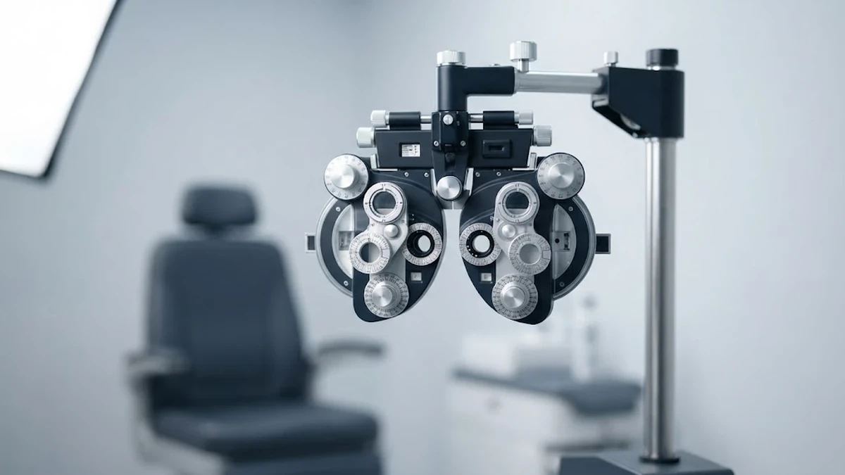 جهاز الفوروبتر الحديث المستخدم في فحص النظر الشامل داخل عيادة طب عيون متطورة بنظام إضاءة مريح
