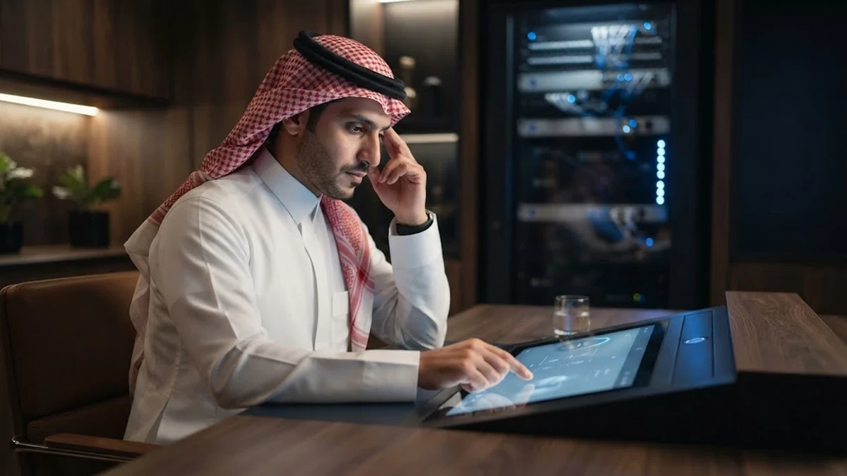نظارة طبية فاخرة موضوعة على مكتب وبجانبها شاشة رقمية توضح حلول إجهاد العين الرقمي والصداع