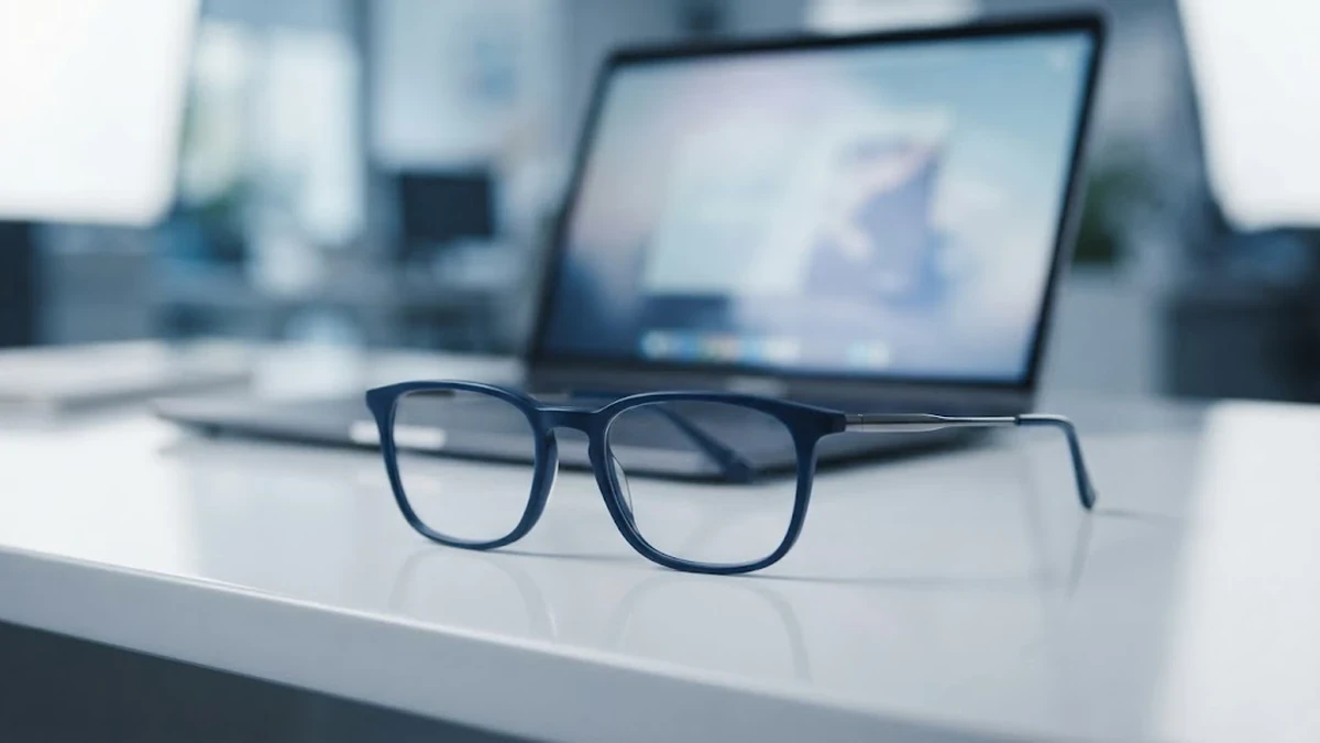 نظارة طبية أنيقة موضوعة على مكتب عمل أمام شاشة كمبيوتر في بيئة عمل مريحة