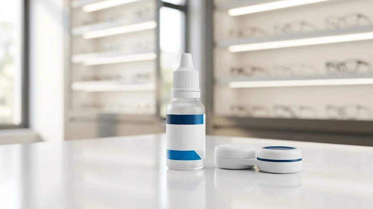 مستلزمات ترطيب العيون وقطرات اصطناعية على سطح مكتب نظيف في عيادة بصرية حديثة لتخفيف الجفاف