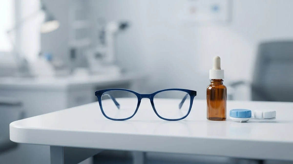صورة تعبيرية لقطرات ترطيب العين ونظارة طبية على طاولة فحص نظيفة تعكس العناية بالبصر