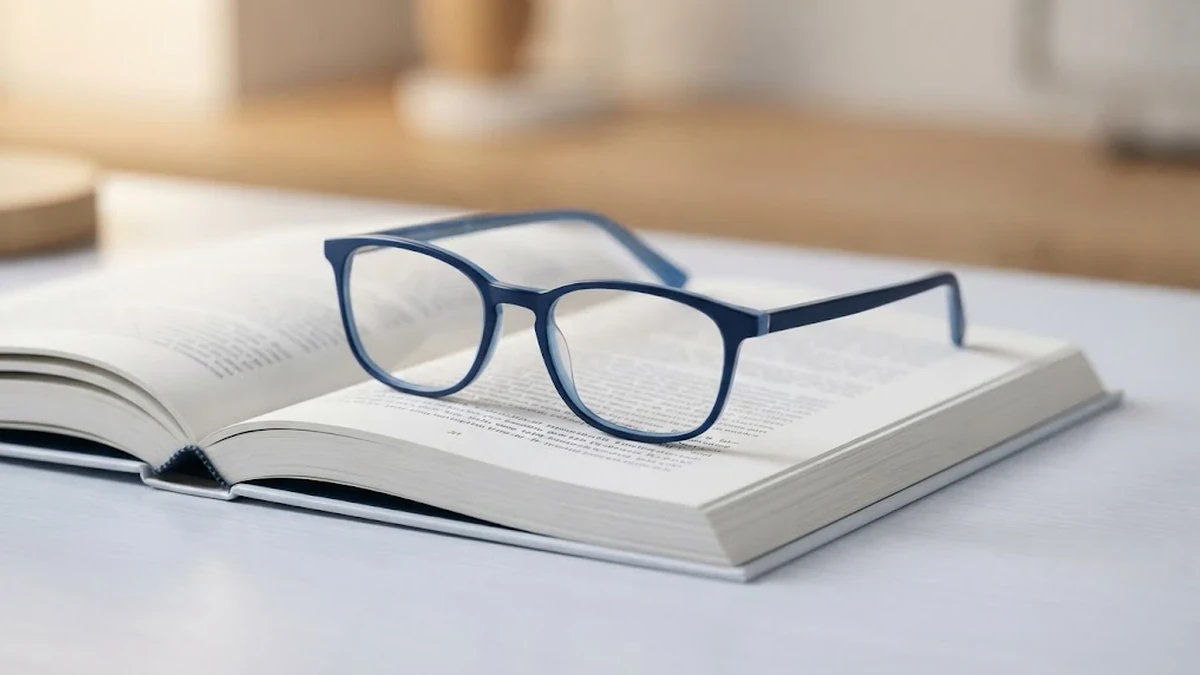 نظارة قراءة طبية أنيقة موضوعة فوق كتاب مفتوح تحت إضاءة مكتبية دافئة ومريحة للعين