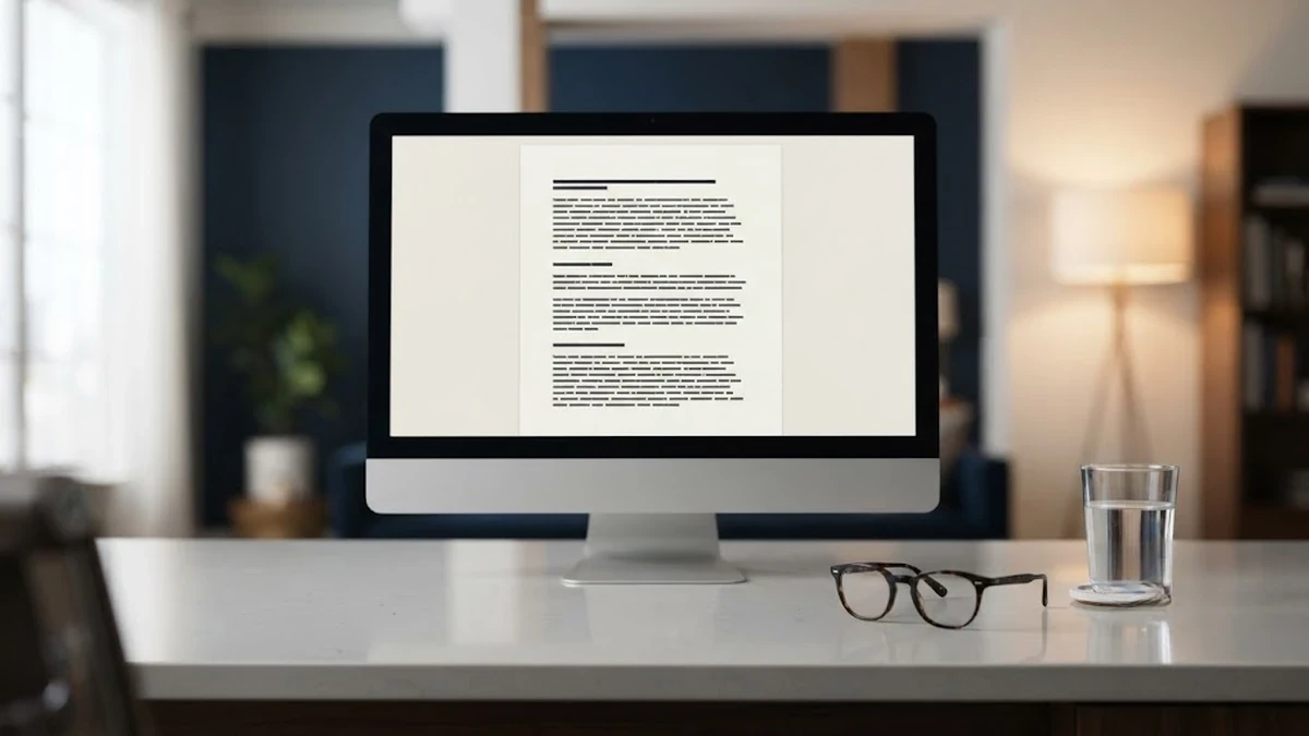 بيئة عمل مكتبية منظمة ومريحة للعين مع شاشة كمبيوتر ذات إضاءة مضبوطة ونظارات طبية