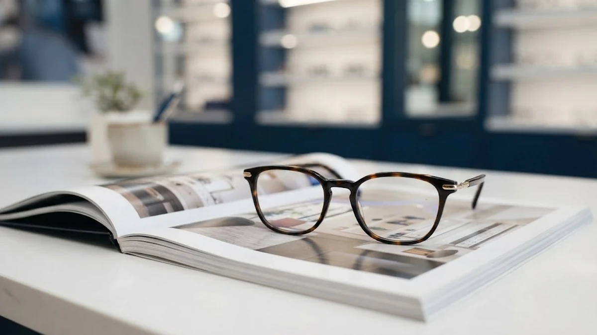 نظارة طبية فاخرة موضوعة فوق كتاب مفتوح على مكتب أبيض بداخل عيادة بصريات حديثة لتوضيح الراحة البصرية