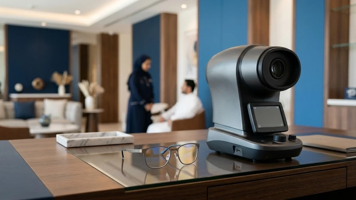 نظارة طبية فاخرة موضوعة على سطح مكتب أبيض نظيف في عيادة بصرية مجهزة للمقارنة والاختيار