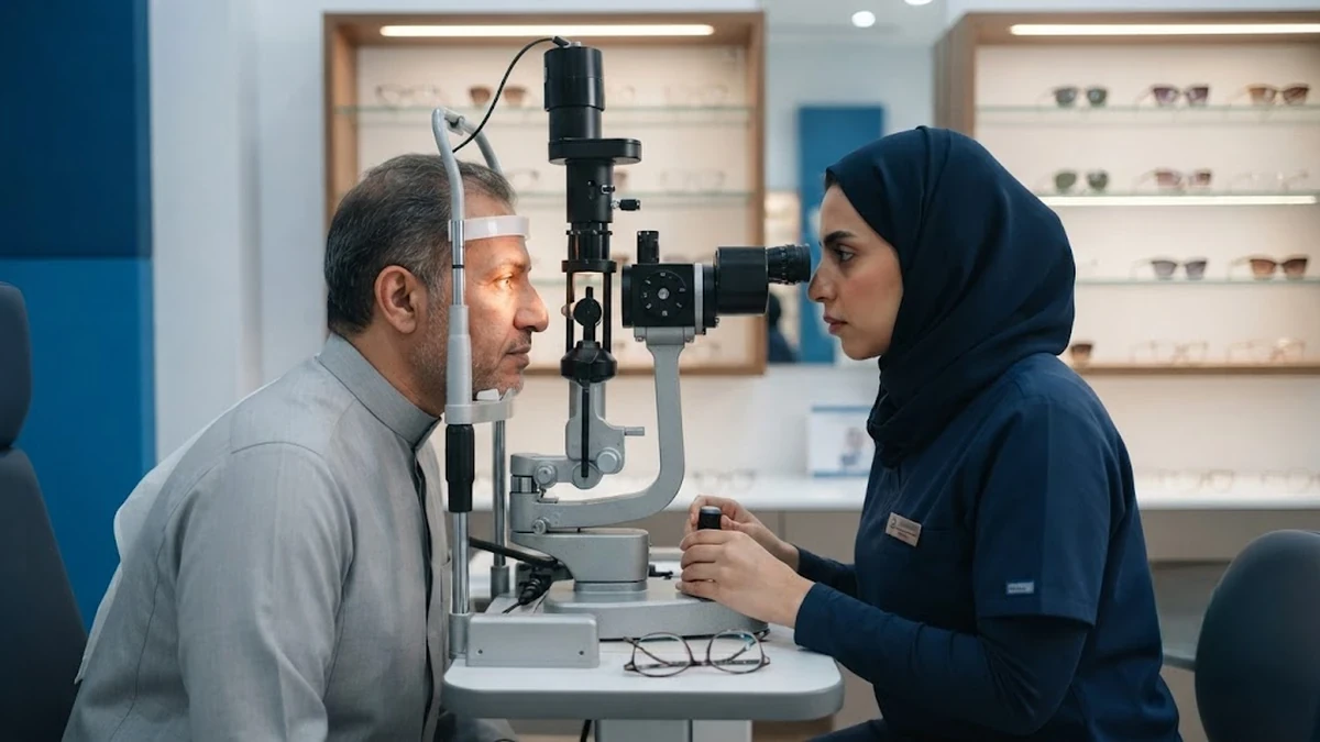 مجموعة من العدسات الطبية والنظارات الفاخرة على طاولة فحص نظيفة في عيادة بصرية حديثة