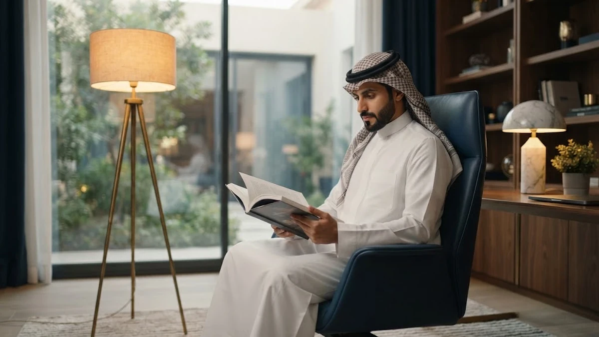 نظارة طبية على مكتب بجانب كتاب مفتوح تحت إضاءة مناسبة ومريحة للعين لحمايتها أثناء القراءة