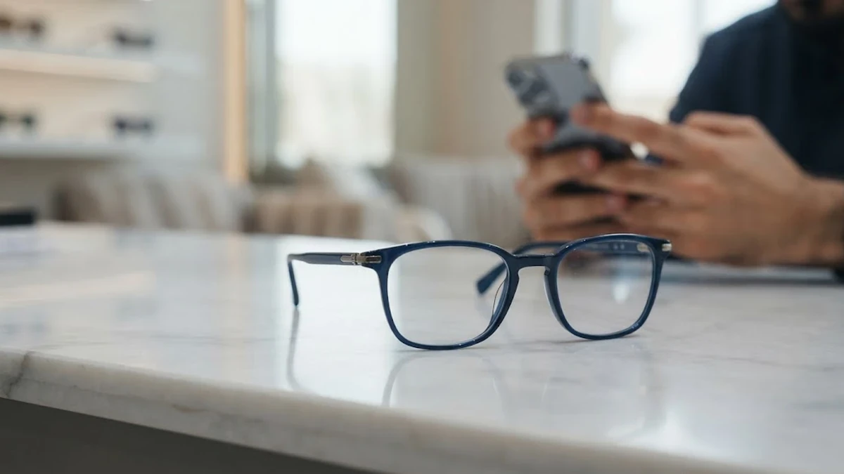 نظارات طبية فاخرة عليى سطح نؼlean تعكس حلول تصحيح أعراض طل النظر وإجهاد العين