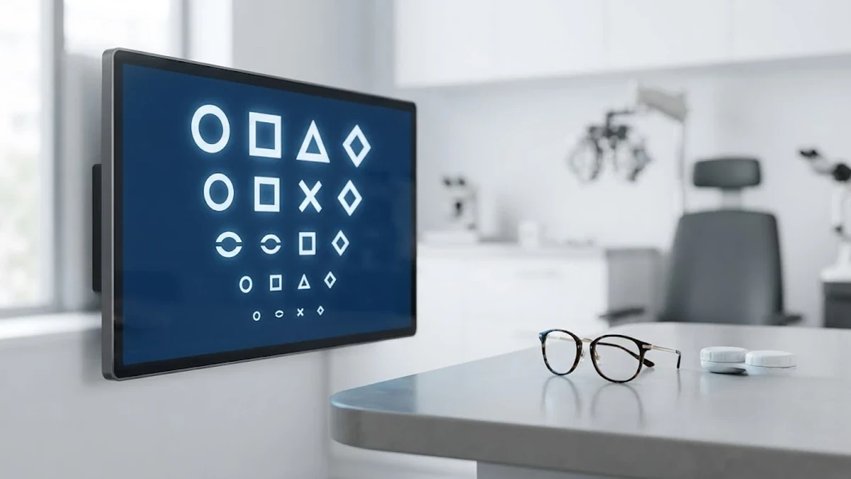 شاشة رقمية حديثة لعرض رموز فحص قياس حدة البصر داخل عيادة عيون متكاملة ونظيفة