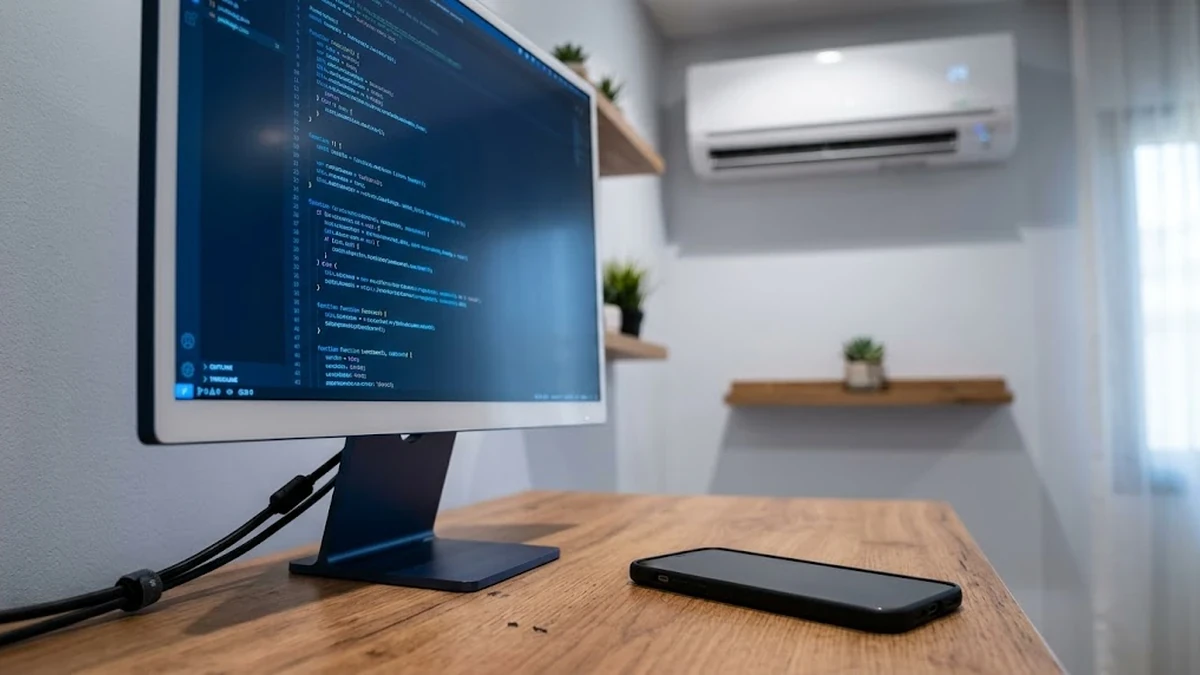 نظارة طبية فاخرة مزودة بفلتر الضوء الأزرق موضوعة على مكتب عمل حديث أمام شاشة رقمية خافتة في الخلفية