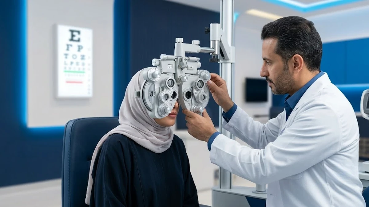 غرفة فحص نظر حديثة ومجهزة بأحدث الأجهزة الطبية مثل جهاز قياس الانكسار والمقاس البصري لفحص العين الشامل