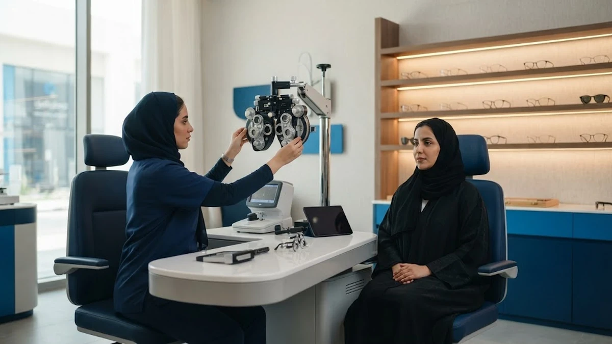 غرفة فحص عيون حديثة ومجهزة بأحدث التقنيات البصرية لإجراء الفحص الدوري للعين