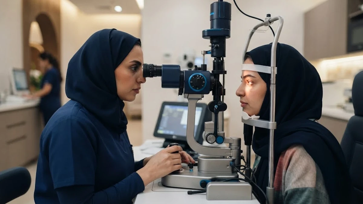 غرفة فحص عيون حديثة ومجهزة بأحدث الأجهزة الطبية داخل عيادة بصرية راقية لضمان سلامة النظر
