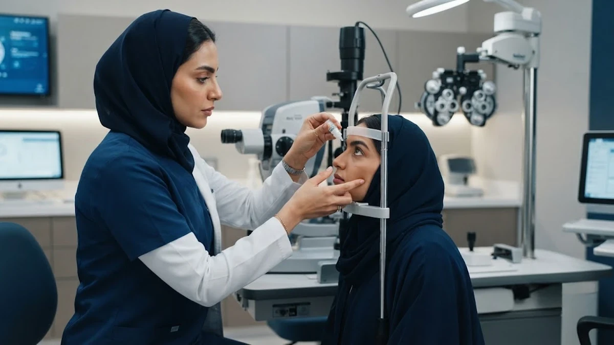 غرفة فحص نظر حديثة ومجهزة بأحدث الأجهزة الطبية داخل عيادة عيون راقية لضمان التشخيص الدقيق