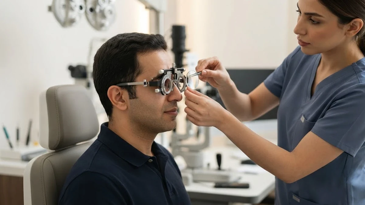 نظارة الفحص التجريبية مع علبة العدسات المتدرجة على مكتب طبيب عيون نظيف ومضاء