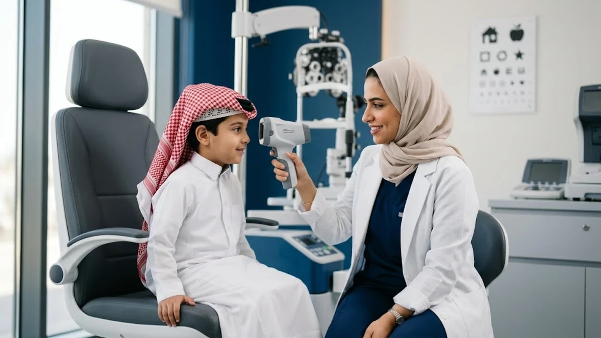أدوات فحص نظر الأطفال الحديثة والنظارات الطبية المرنة داخل عيادة بصرية متطورة في السعودية
