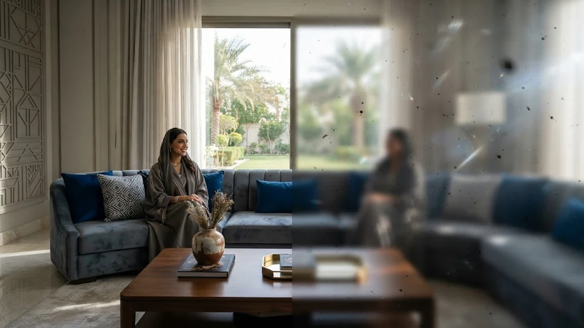 نظارات طبية فاخرة موضوعة على سطح مكتب أبيض نظيف داخل عيادة بصرية حديثة ومضاءة بشكل مريح