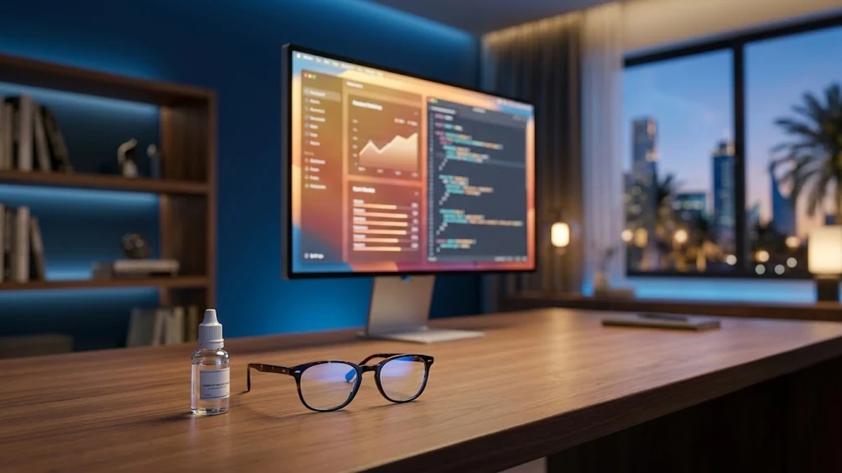 إطارات نظارات طبية فاخرة مع عدسات فحص دقيقة على طاولة بيضاء داخل عيادة بصرية حديثة