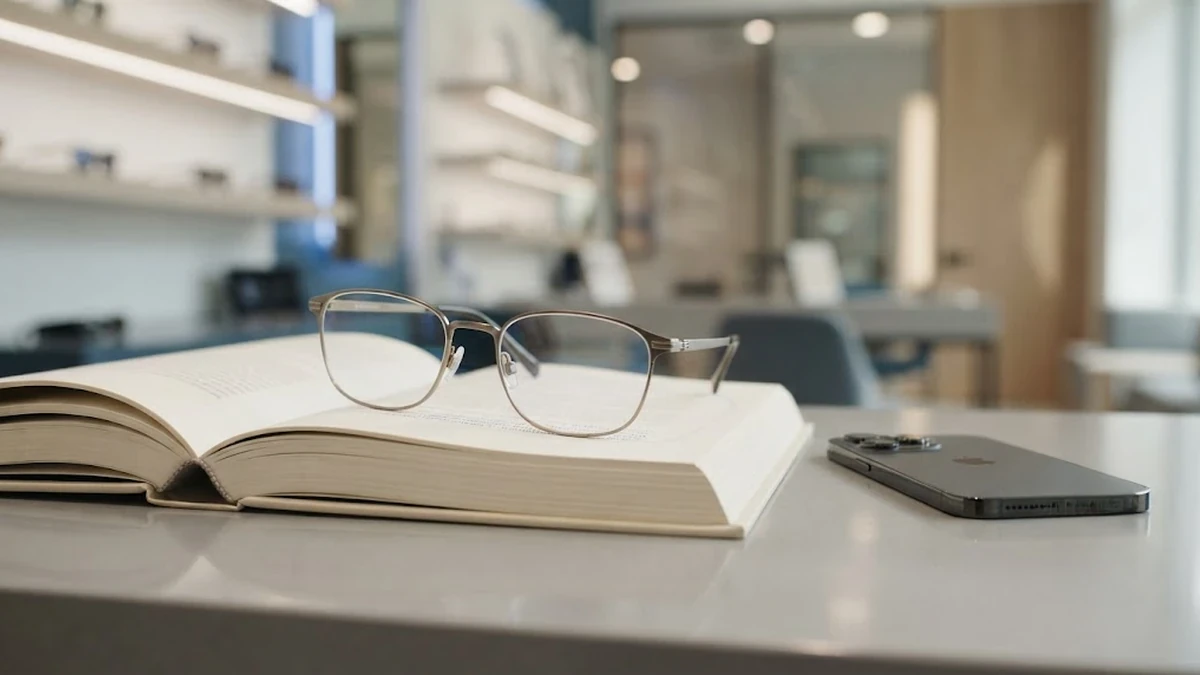 نظارة قراءة طبية أنيقة موضوعة فوق كتاب مفتوح وهاتف ذكي على سطح مكتب عيادة عيون حديثة ممتلئ بالإضاءة الناعمة