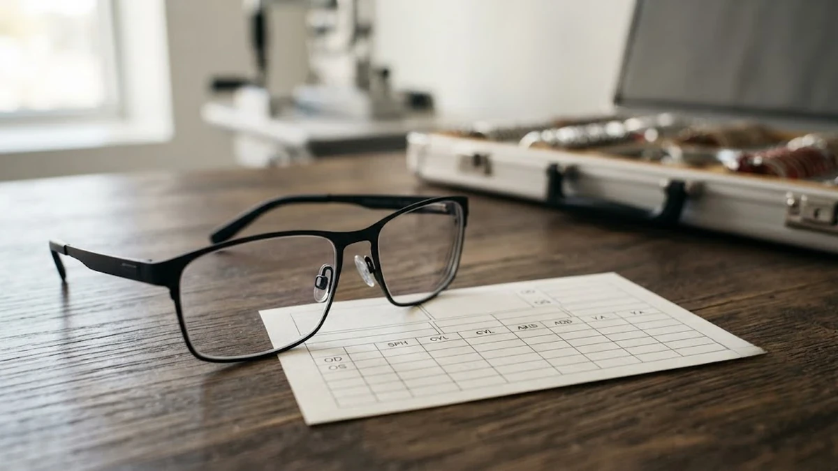 كارت فحص نظر طبي موضوع على مكتب عيادة عيون حديثة بجانب نظارة طبية أنيقة
