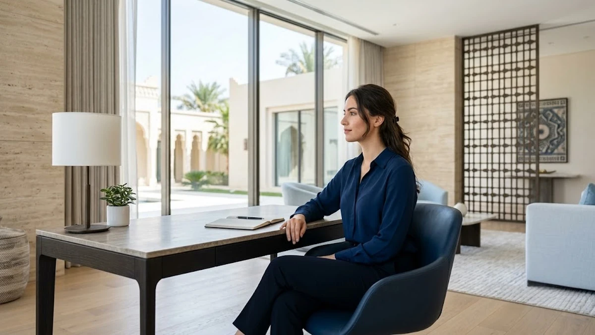 نظارة طبية أنيقة على مكتب متصلة بتمارين التركيز البصري المريحة للعين وقاعدة 20-20-20.