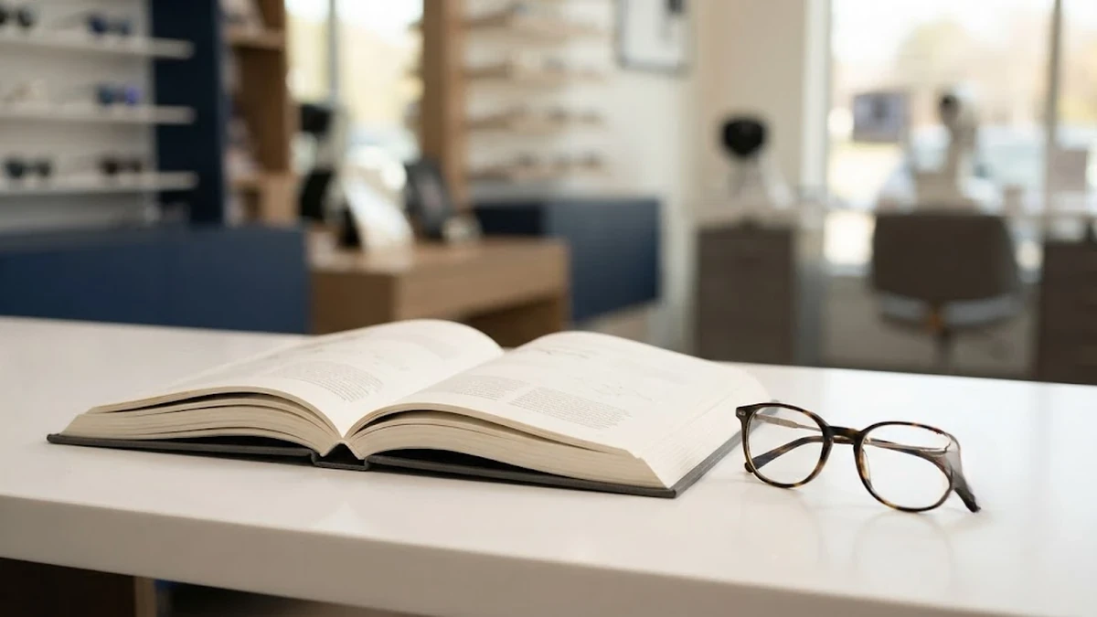 كتاب مفتوح بجانبه نظارة طبية أنيقة على طاولة عيادة مضيئة لتقليل إجهاد العين
