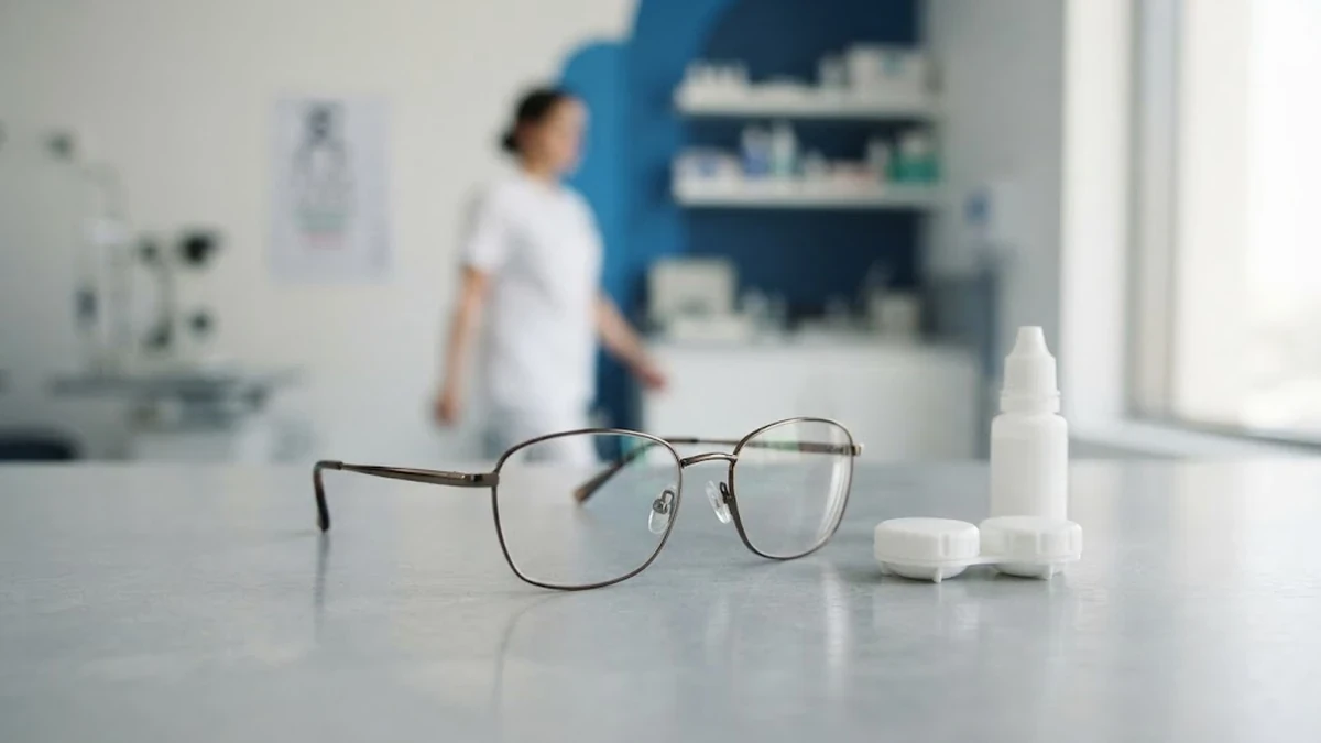 نظارة طبية فاخرة وعلبة عدسات لاصقة على مكتب عيادة فحص نظر مجهزة ومنظمة لتقديم النصائح قبل الفحص